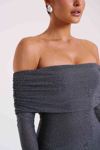 Rene Off Shoulder Diamante Maxi Dress, Gray & Beige