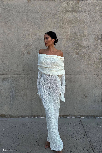 Mariellle Off Shoulder Boucle Maxi Dress - Ivory