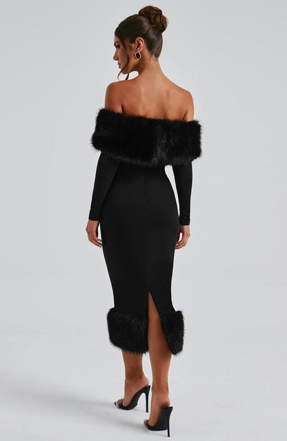 Victoria Midi Dress, Bardot Bodycon with Faux Fur Trim, Wine