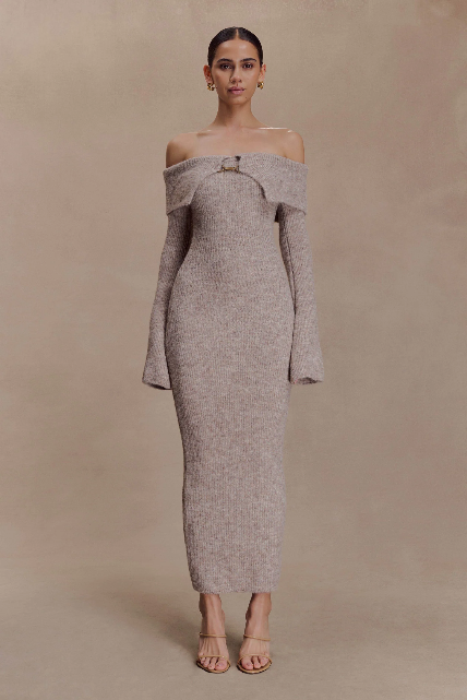 Fluffy Off-Shoulder Bardot Knit Midi Dress