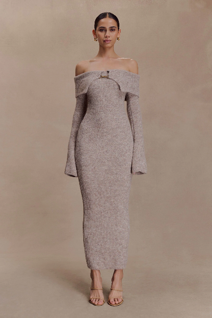 Fluffy Off-Shoulder Bardot Knit Midi Dress