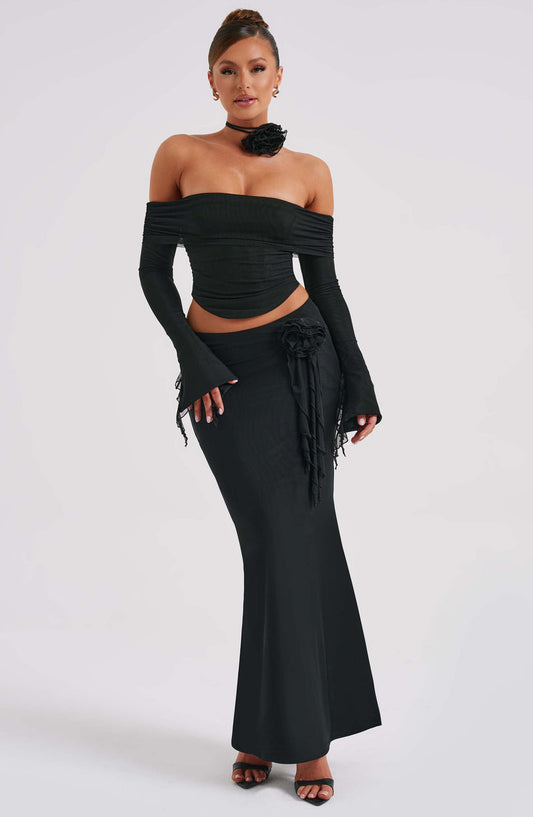 Off Shoulder Flower Corsage Two-Piece Skirt Set, Black