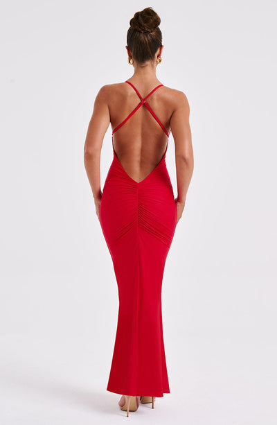 Low V Shape Open Back Maxi Dress – Red