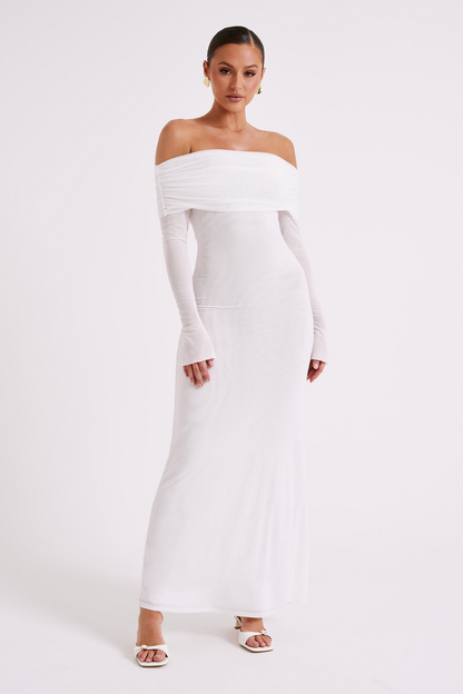 Megan Off Shoulder Mesh Maxi Dress – White