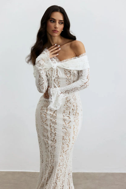 Rosie Off Shoulder Lace Maxi Dress – White