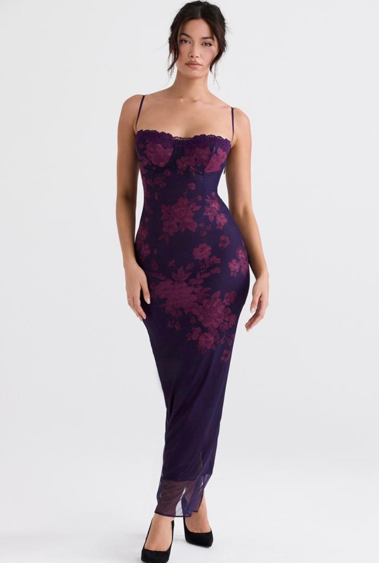 Rissa Grape Floral Lace-Up Mesh Maxi Dress