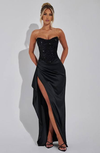 Black Beaded Corset Satin Maxi Dress with Thigh Slit