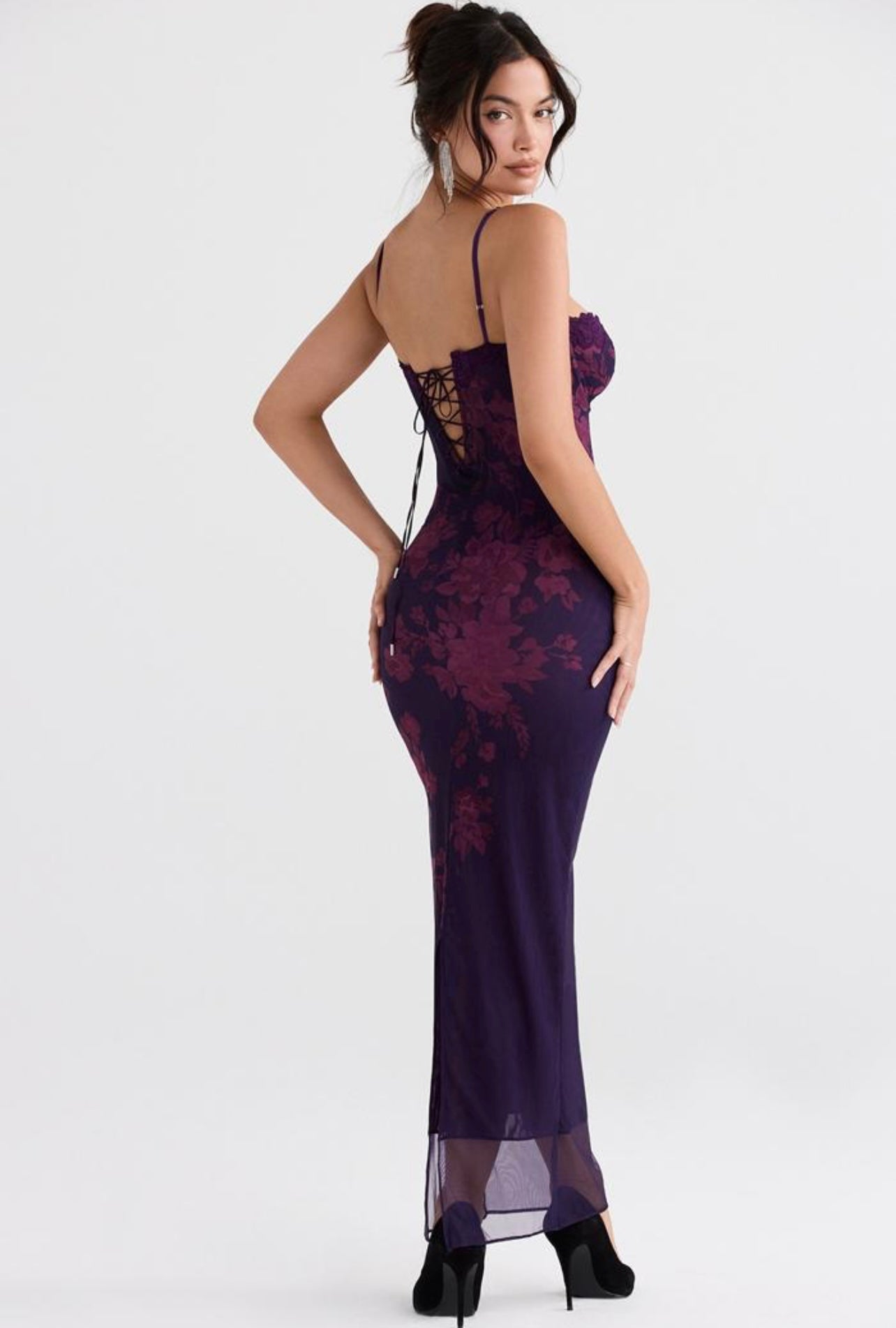 Rissa Grape Floral Lace-Up Mesh Maxi Dress