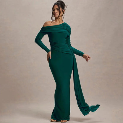 Lina Navy Blue Ruched Asymmetric Maxi Dress with Drape