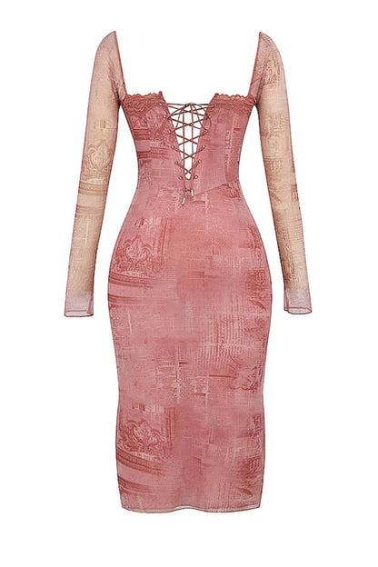 Pink Print Corset Bodycon Midi Dress with Lace Up Back