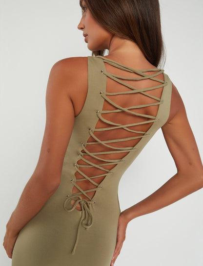 Versatile Lace-up Fitted Maxi Dress, Green