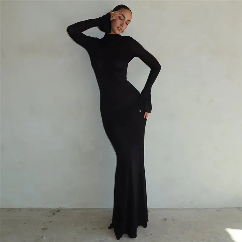Ella Open Back Long Sleeve Maxi Dress - Black