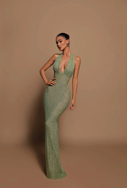 Deep V-Neck Sequin Evening Maxi Dress