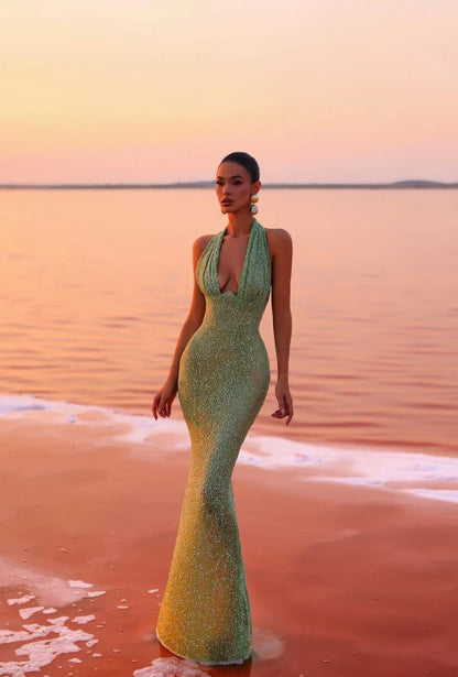 Deep V-Neck Sequin Evening Maxi Dress