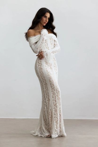 Rosie Off Shoulder Lace Maxi Dress – White