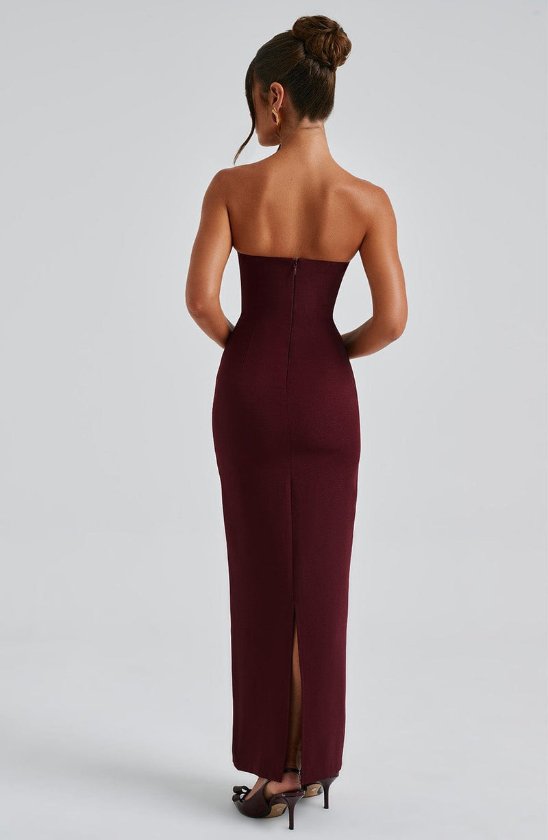 Julia Strapless Pleated Maxi Dress with Mesh Scarf, Wine