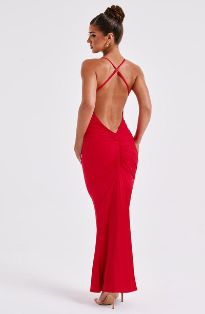 Low V Shape Open Back Maxi Dress – Red