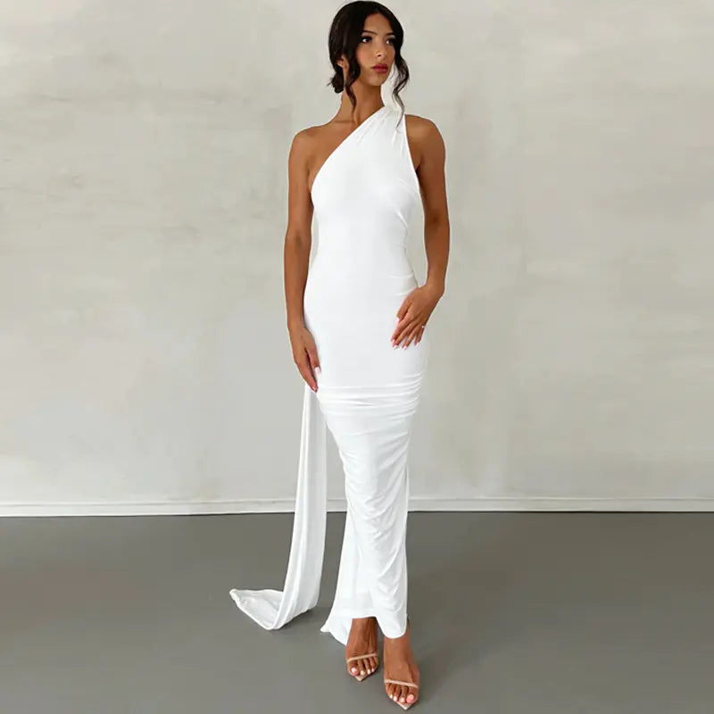 One Shoulder Maxi Dress with Ruched Low Back, White