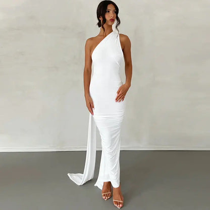 One Shoulder Maxi Dress with Ruched Low Back, White