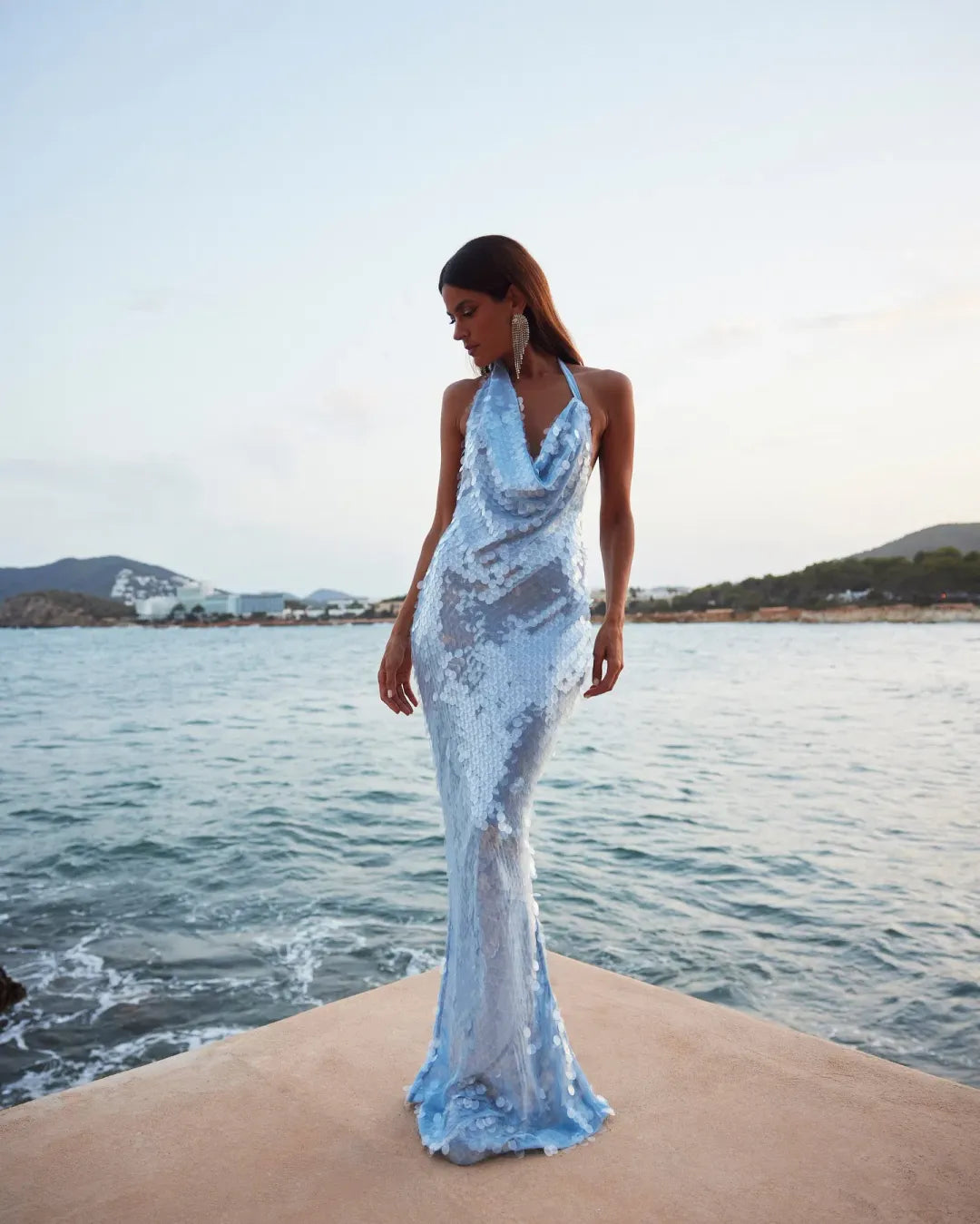Blue Halterneck Sequined Maxi Dress