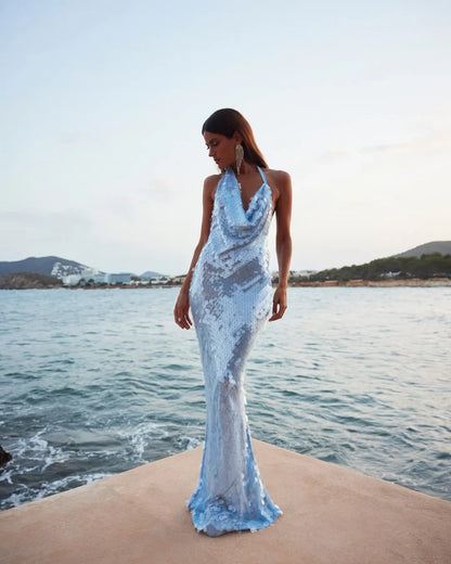 Blue Halterneck Sequined Maxi Dress