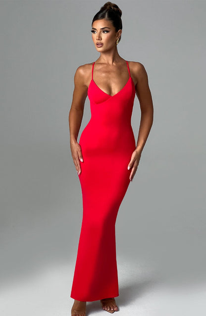 Low V Shape Open Back Maxi Dress – Red