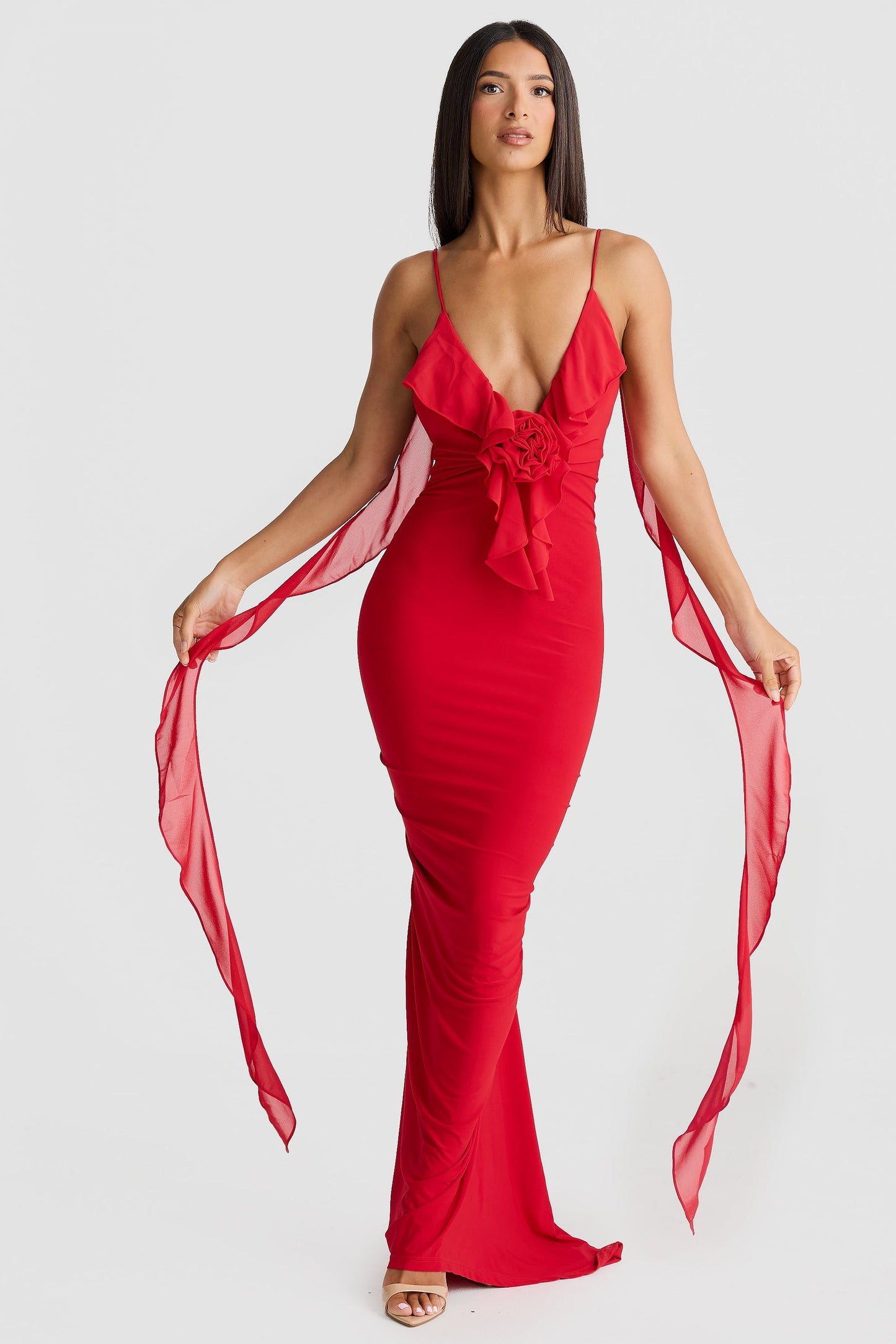Nova V-Neck Backless Maxi Dress – Red