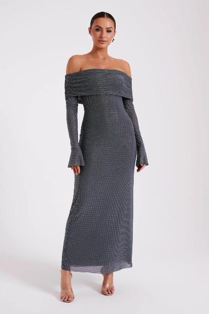 Rene Off Shoulder Diamante Maxi Dress, Gray & Beige
