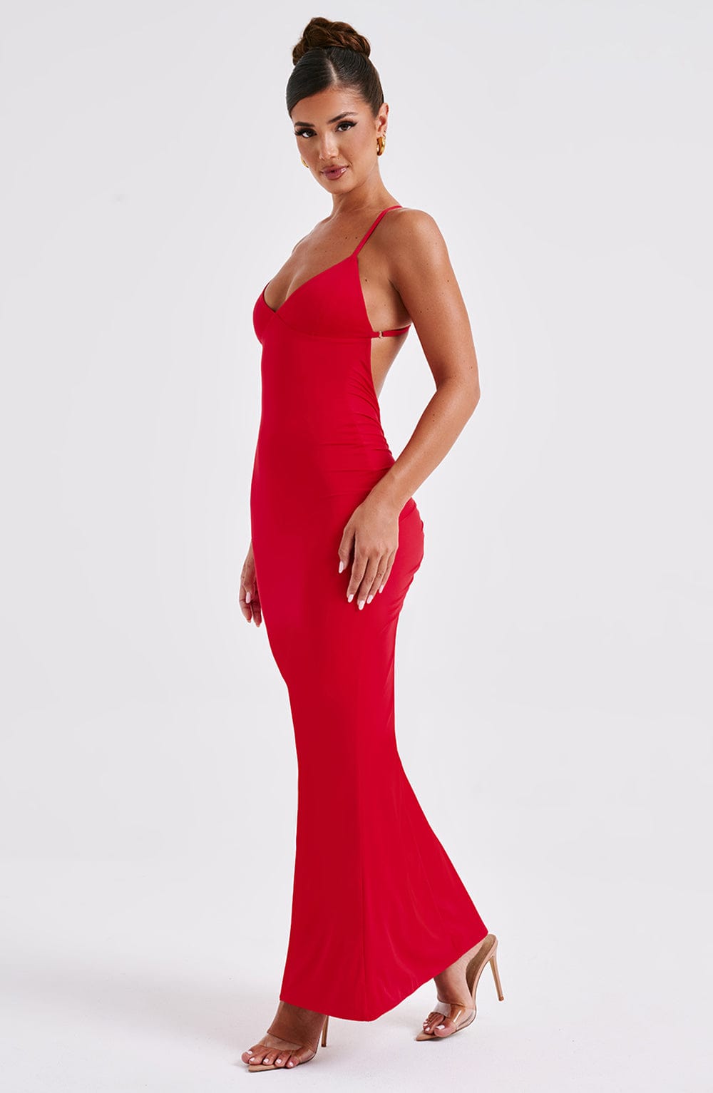 Low V Shape Open Back Maxi Dress – Red