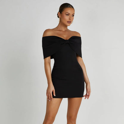 Mona Off-Shoulder Bow Mini Dress, Black
