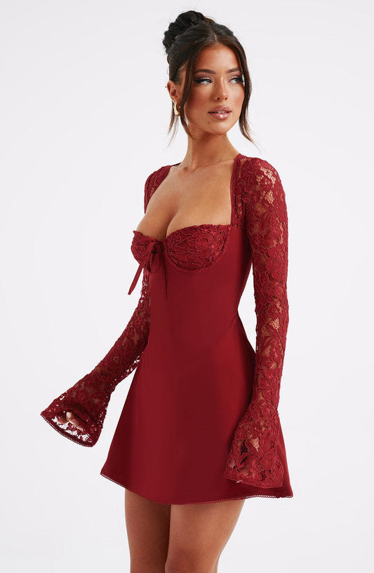 Amara Red Floral Lace Mini Dress