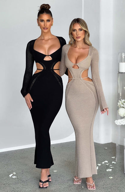 Nadine Crochet Cut-Out Maxi Dress – Black & Beige