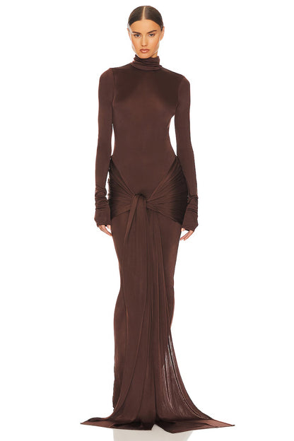 High Collar Slinky Waist-Knot Maxi Dress