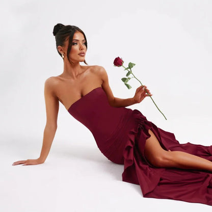 Angelina Irregular Frilled Maxi Dress – Burgundy