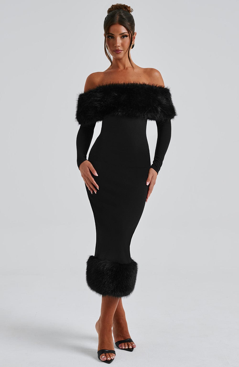 Victoria Midi Dress, Bardot Bodycon with Faux Fur Trim, Wine