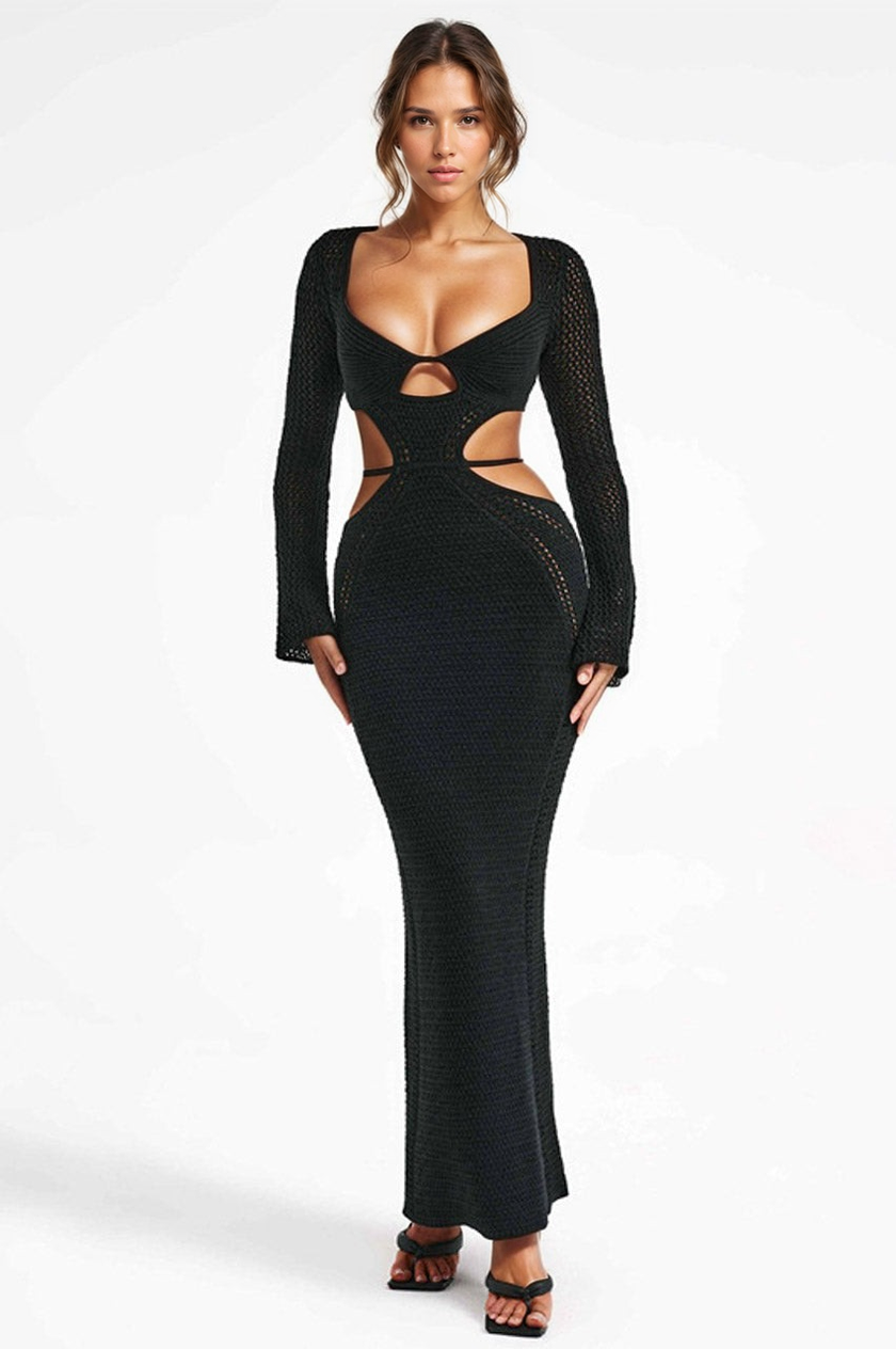 Nadine Crochet Cut-Out Maxi Dress – Black & Beige