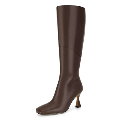 Brown Faux Leather Knee-High Boots with Kitten Heel & Square Toe