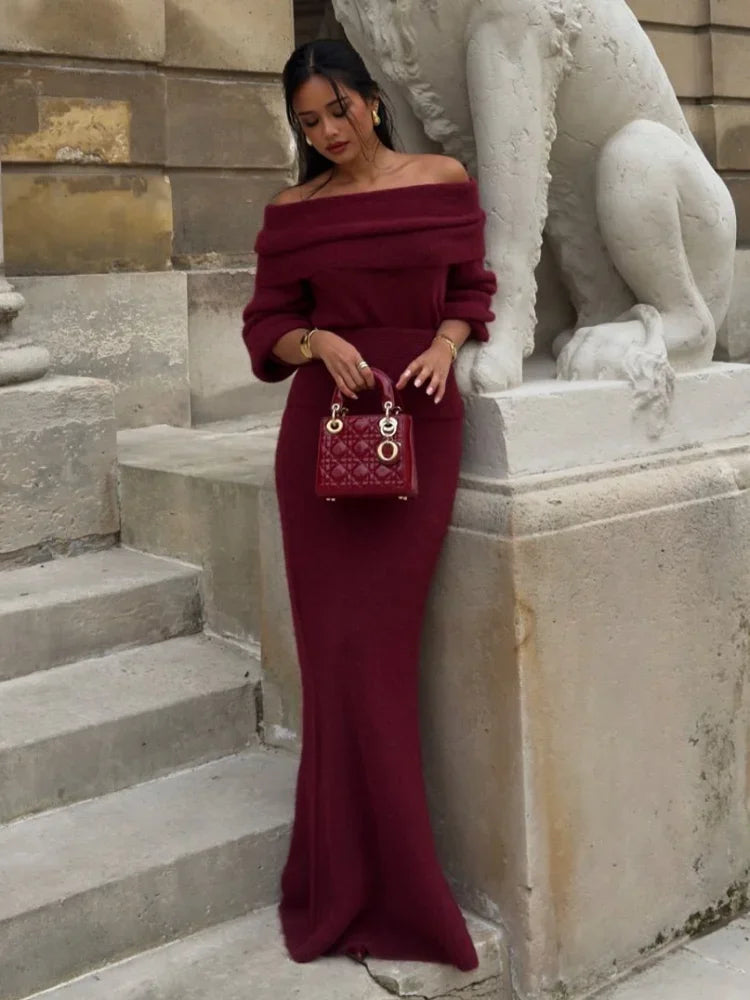 Knitted Off Shoulder Long Sleeve Maxi Dress – Red