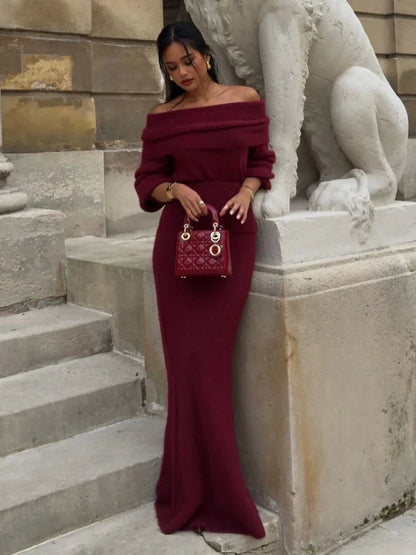 Knitted Off Shoulder Long Sleeve Maxi Dress – Red
