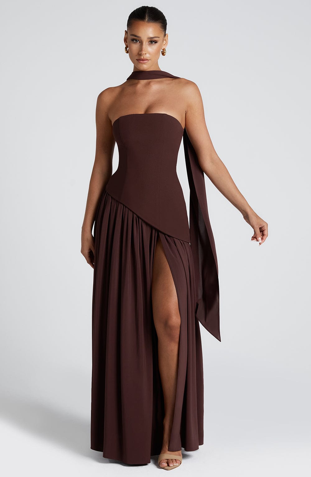 Irregular Tube Maxi Dress, Plum Brown