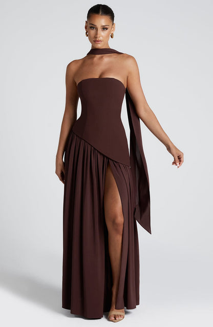 Irregular Tube Maxi Dress, Plum Brown