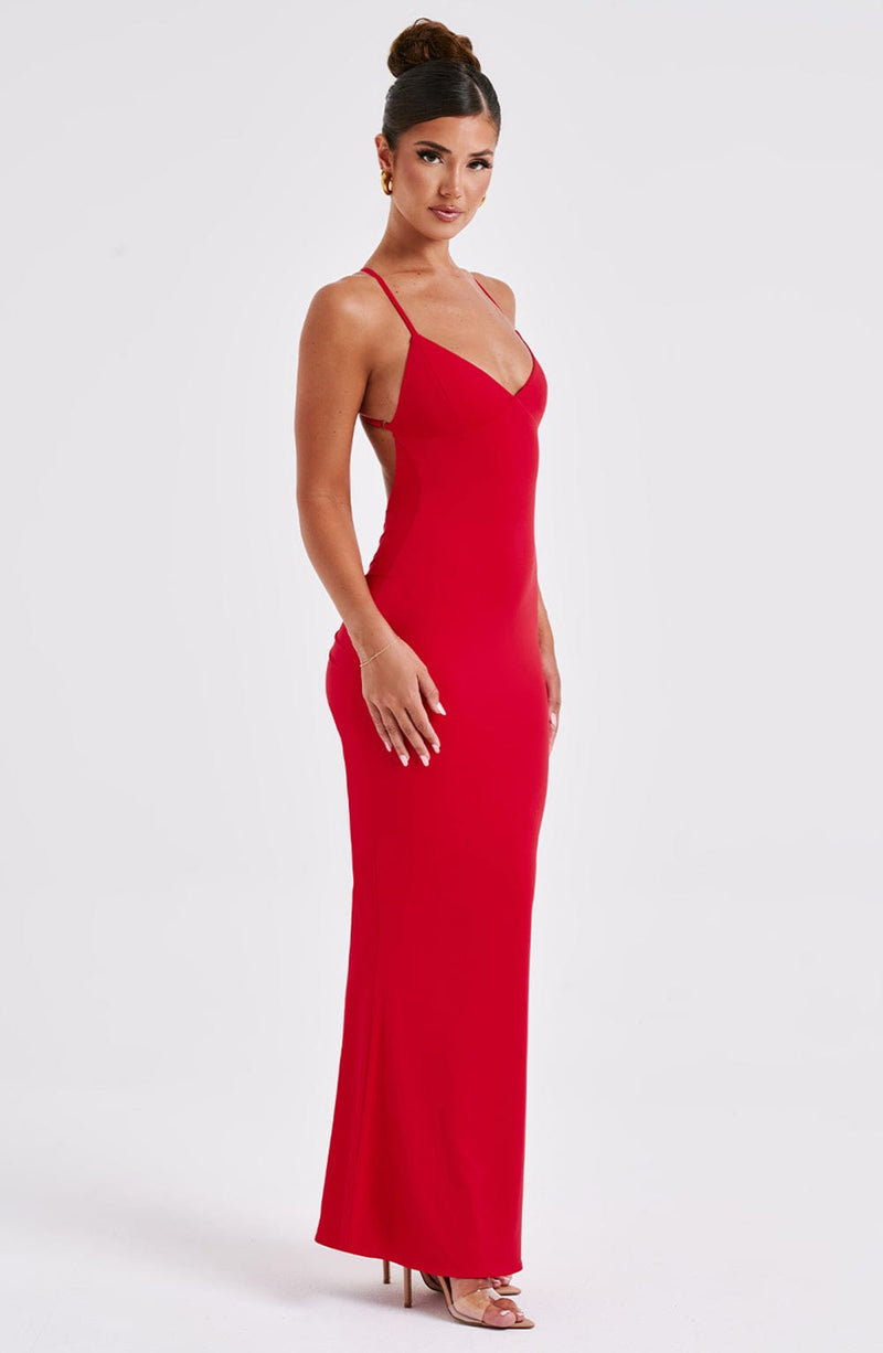 Low V Shape Open Back Maxi Dress – Red