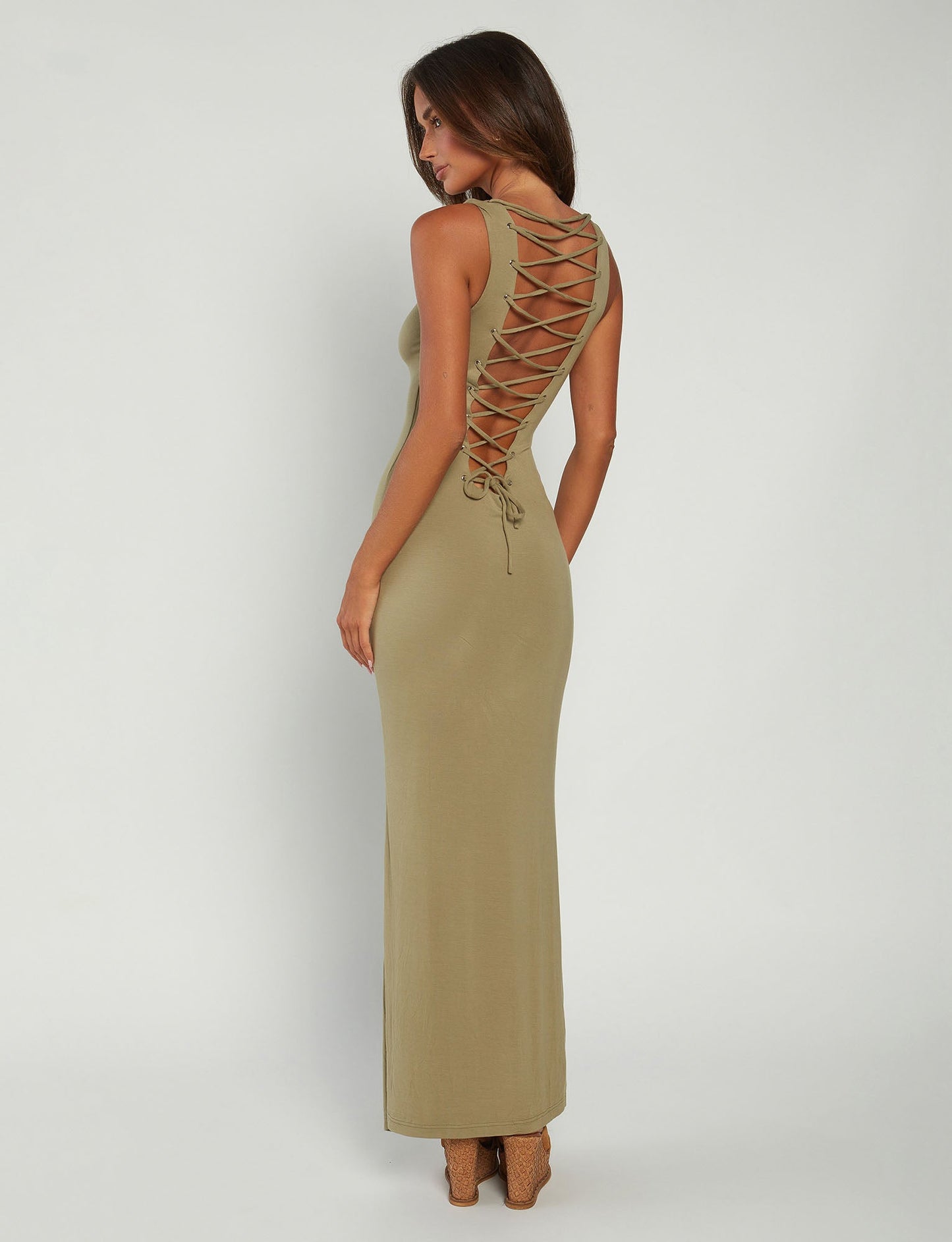 Versatile Lace-up Fitted Maxi Dress, Green