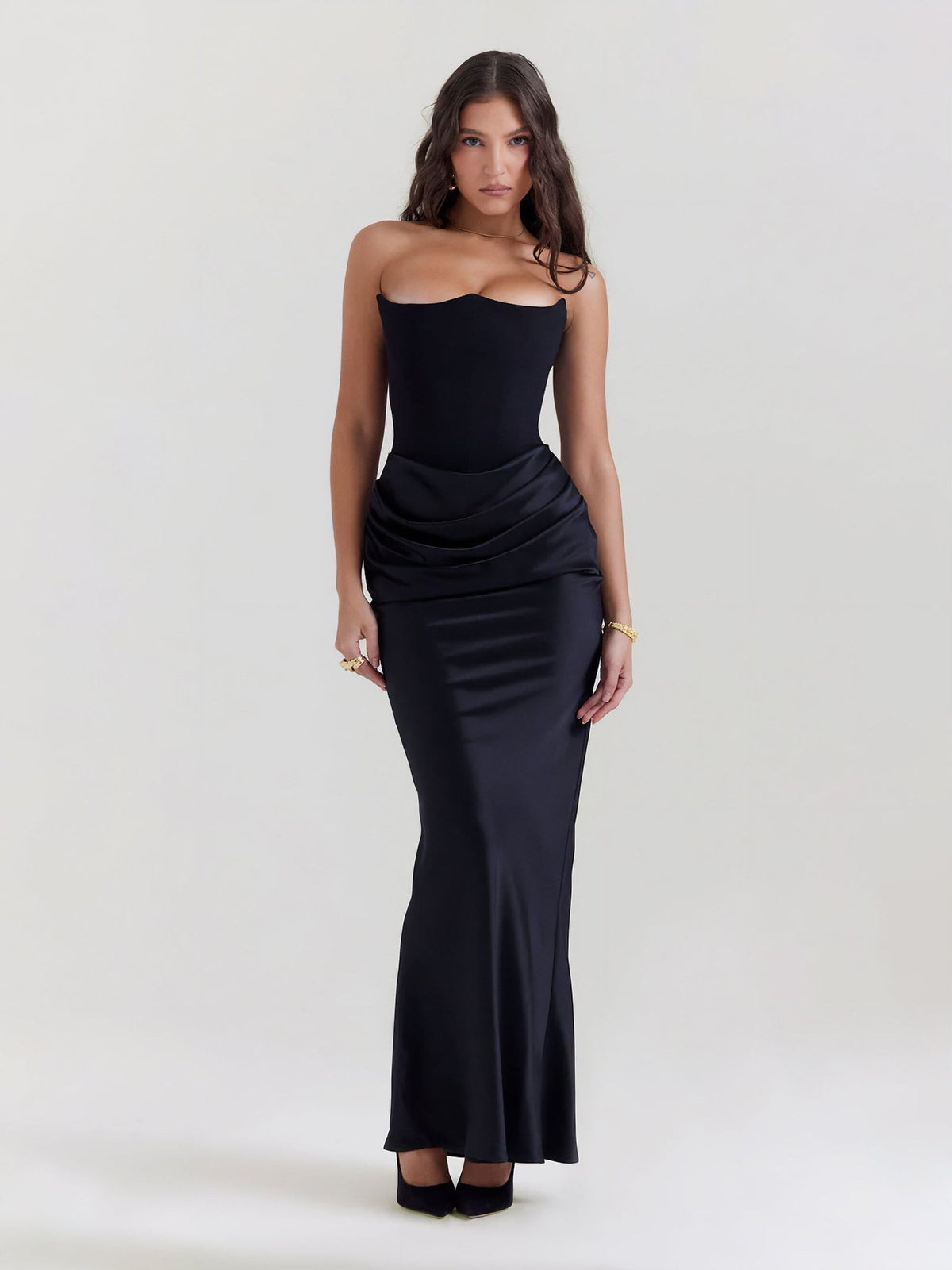 Satin Symphony Strapless Evening Gown – Black