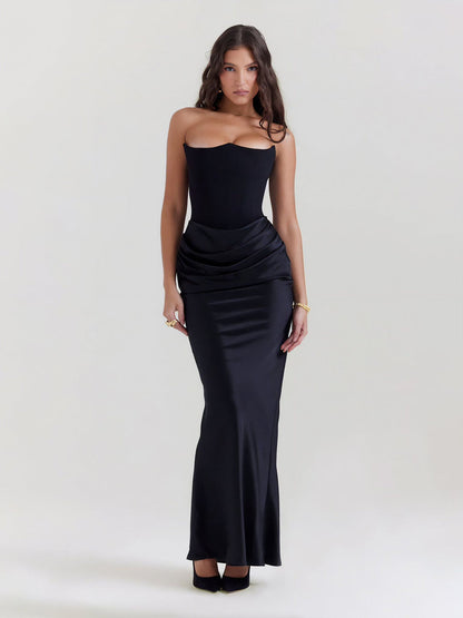 Satin Symphony Strapless Evening Gown – Black