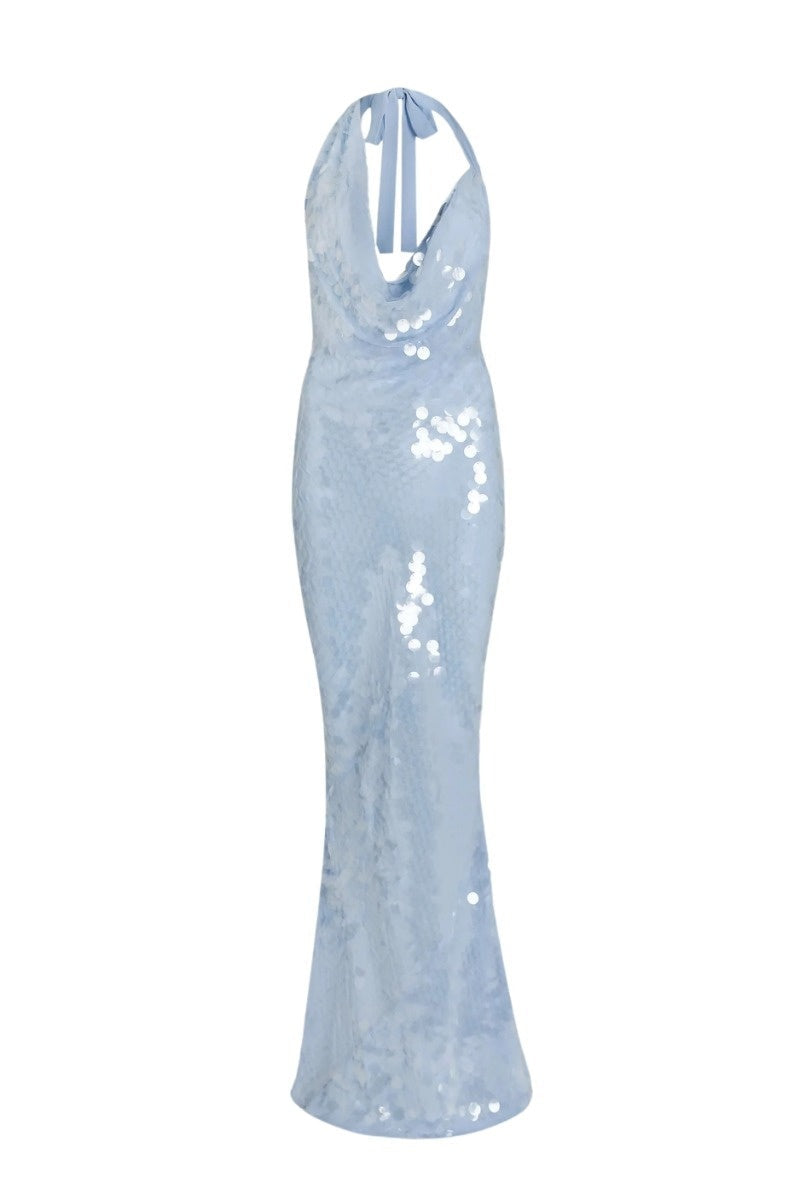Blue Halterneck Sequined Maxi Dress