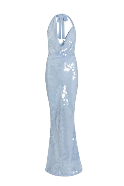 Blue Halterneck Sequined Maxi Dress