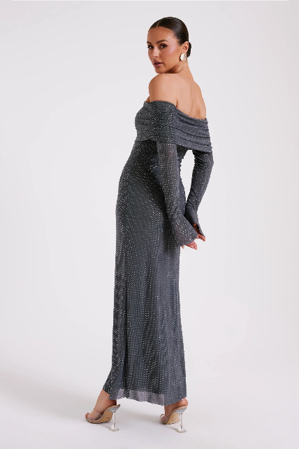 Rene Off Shoulder Diamante Maxi Dress, Gray & Beige