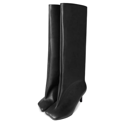 Wide Calf Square Toe Knee High Boots, Black