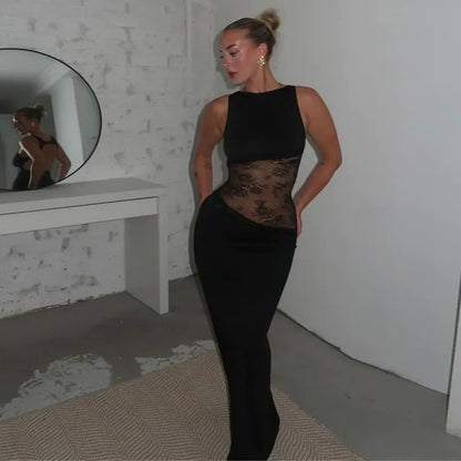 Lucinda Mesh-Waist Maxi Dress, Black